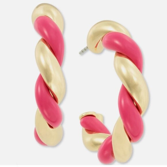 On 34th Gold Tone Pink Swirl Medium Hoop Earrings, 1.2" NWT - Picture 1 of 2